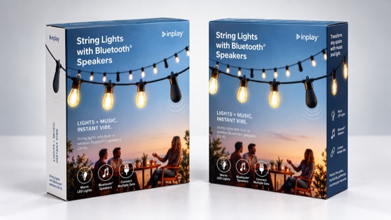 Cajas de luces decorativas con bocinas Bluetooth, con una cena al atardecer impresa en el empaque